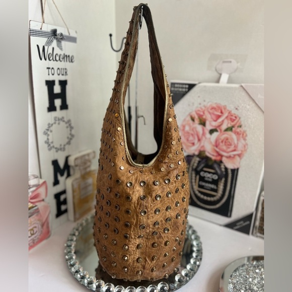 Cassandra vintage distressed unique Studded Brown Leather Bag - Picture 1 of 10